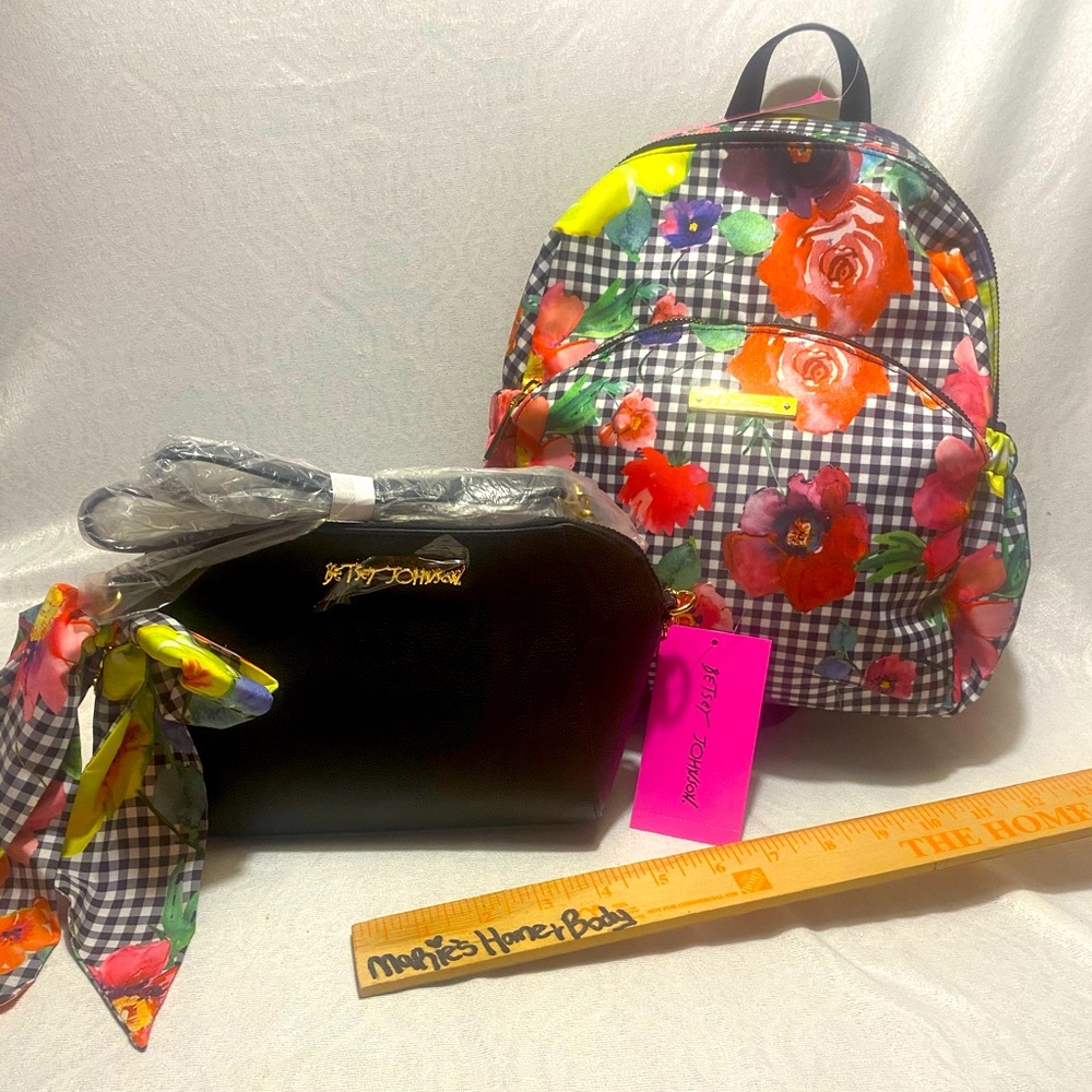 Betsey Johnson buffalo check gingham floral flower backpack crossbody bag set
